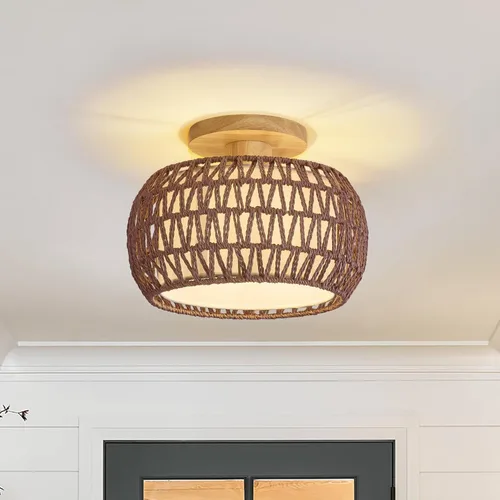 Vista 12 de Lámpara de techo de ratán bohemio, 3 opciones de estilo, luces de techo de mimbre semiempotradas, accesorios de luz costera beige, candelabro