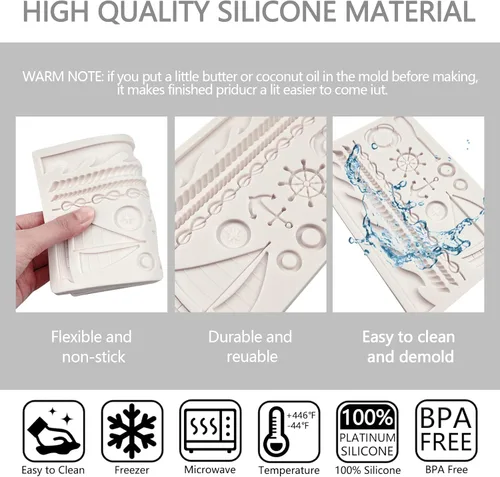 Vista 6 de Moldes de silicona para veleros, timón con temática pirata, molde de fondant, cuerda, cadena, molde para decoración de tartas, dulces, azúcar