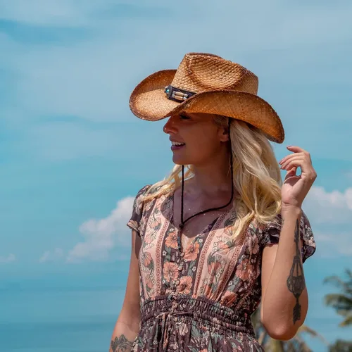 Vista 6 de Comhats Sombreros de vaquero para mujer, estilo occidental, redondo, de paja, sombrero de playa, sombreros de vaquera, ala moldeable, caqui