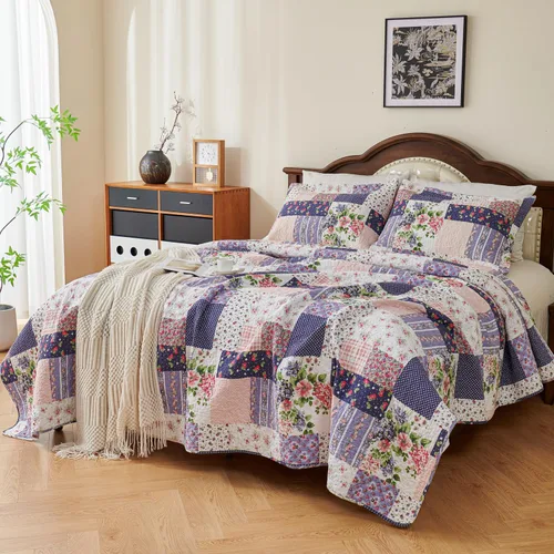 Vista 2 de EVENHUG Juego de edredón de retazos de 100% algodón, tamaño King, ligero, floral, juego de ropa de cama, colcha reversible con fundas de almohada
