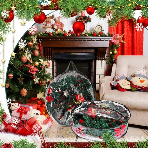 Vista 5 de Shappy 4 contenedores transparentes de almacenamiento de corona de Navidad de 24 pulgadas, bolsa de almacenamiento de corona de Navidad, contenedor