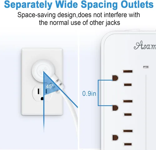 Vista 3 de Regleta de alimentación con protector de sobretensiones de 15 pies con USB C, regleta de alimentación de enchufe plano con cable largo, 8 tomas y 4
