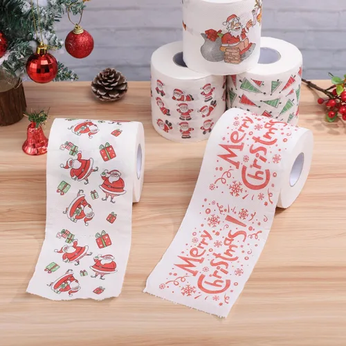 Vista 6 de EXCEART 5 rollos de papel higiénico de Navidad, servilletas desechables impresas para fiestas divertidas de Navidad, decoración de baño