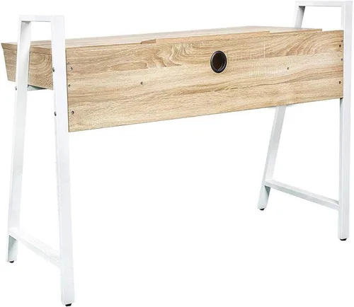 Vista 6 de Escritorio de madera para computadora con dos cajones, estación de trabajo, estudio, escritorio de oficina en casa, patas de metal blanco