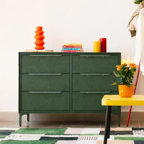 Vista 21 de Tinge Naima - Cómoda de tela premium - Marco de metal resistente, 5 cajones espaciosos a prueba de hundimiento con elegantes asas de metal