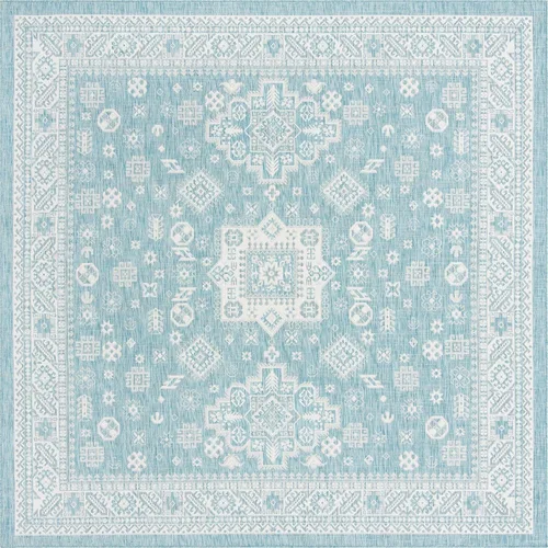 Vista 201 de Unique Loom Outdoor Aztec Collection Alfombra de área, Chalca (7 pies 10 pulgadas, cuadrada, azul/marfil)