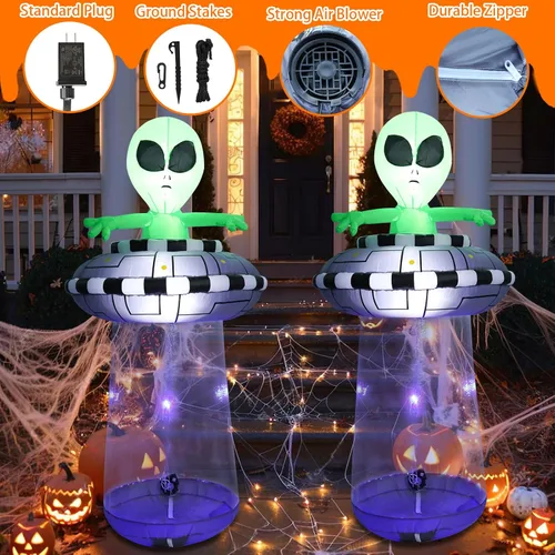 Vista 5 de Vigdur Decoración Inflable de OVNI Alienígena de Halloween, Decoración de Patio Exterior Inflable de 6 Pies con Luces LED, Decoración de Halloween