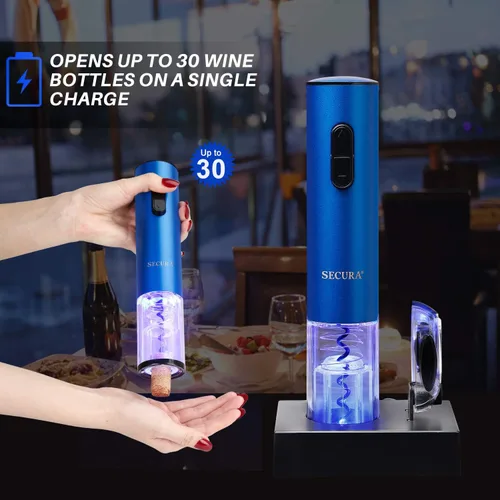Vista 4 de Secura Abridor de vino eléctrico, sacacorchos eléctrico automático de botellas de vino con cortador de papel de aluminio, recargable (azul)
