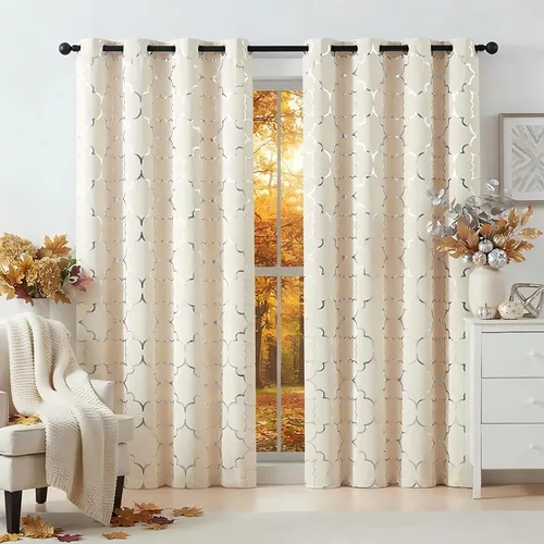 Vista 9 de Purainbow Cortinas opacas beige para dormitorio, sala de estar con paneles de impresión de lámina dorada, oscurecimiento de la habitación