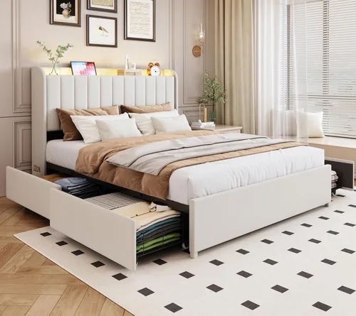 Vista 12 de Base de cama tamaño queen con cabecera de almacenamiento y 2 cajones, base de cama tapizada con luces LED y práctica estación de carga, no necesita