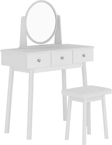 Vista 7 de SogesHome Juego de mesa de tocador con espejo móvil y taburete acolchado, escritorio de maquillaje con 3 cajones, tocador blanco clásico