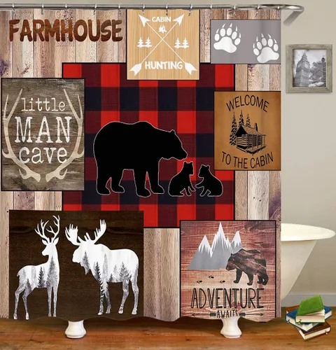 Vista 15 de Camille&Andrew - Juego de 4 cortinas de ducha de tela de ciervo rústico negro, alce, alce, pino, luna, casa de campo, panel rústico, tablero