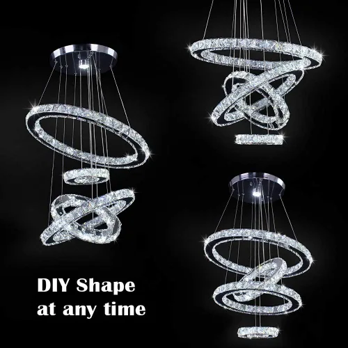 Vista 3 de Candelabros LED, moderno candelabro de cristal para comedor, sala de estar, lámpara colgante de techo LED, 4 anillos, candelabros ajustables