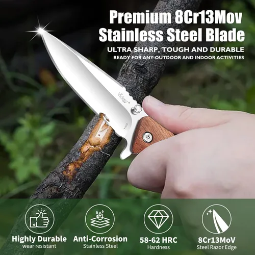 Vista 4 de Vickay - Cuchillo plegable de bolsillo con clip, hoja de acero 8Cr13MoV de 2.95", mango de madera, cuchillo EDC para hombres y mujeres, cuchillo