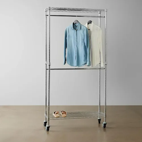 Vista 6 de Amazon Basics Perchero de ropa ajustable para colgar, organizador de armario rodante con doble barra para colgar prendas, cromado, 36" x 14" x 72