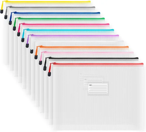 Vista 10 de AUSTARK Bolsa de malla de plástico con cremallera, 12 bolsas de archivos con cremallera con bolsillo para etiquetas, tamaño A3 de 16.9 x 12