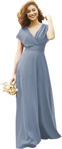 Vista 5 de DFDG Vestido de dama de honor de gasa con mangas de murciélago, largo con bolsillos, cuello en V, vestido formal de fiesta CM075