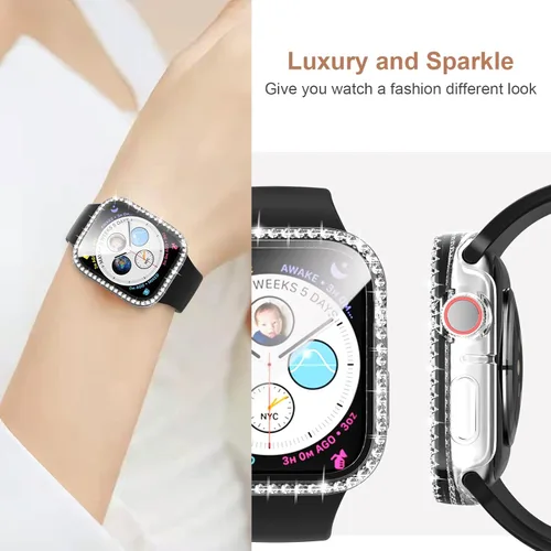 Vista 5 de Cuteey Paquete de 2 fundas brillantes con protector de pantalla de vidrio templado para Apple Watch SE 3 SE 2 Series 6/5/4 SE de 1.575 pulgadas