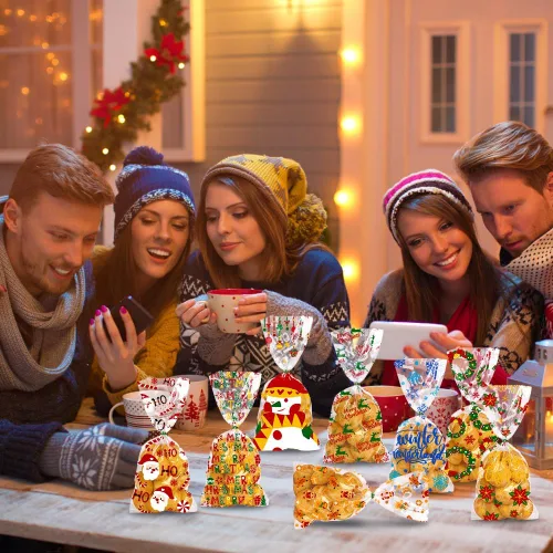 Vista 6 de DULEFUN 160 bolsas de celofán de Navidad, 8 estilos, transparentes para dulces, galletas, golosinas, bolsas de celofán con lazos giratorios