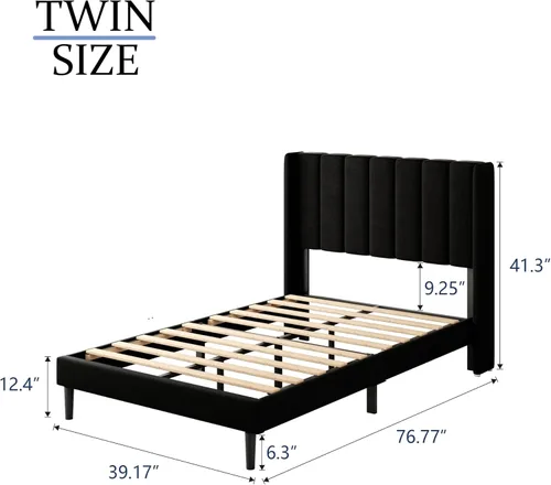 Vista 32 de Base de cama tamaño Queen con cabecera tapizada con respaldo de ala, plataforma de fácil montaje, soporte de listones de madera, no necesita somier