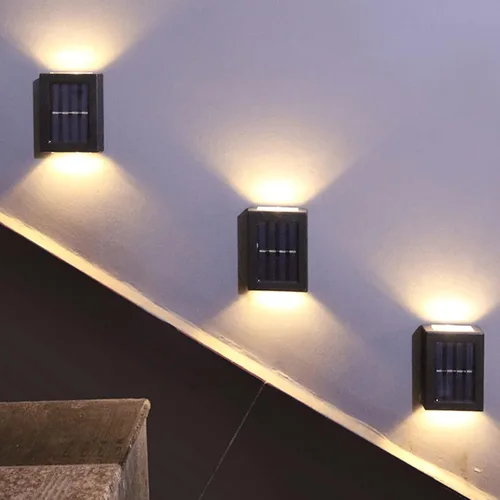 Vista 4 de MSUIINT Luces solares para valla, 4 luces para exteriores, lámpara solar de pared para cubierta, 4 luces LED, iluminación de abajo, impermeable