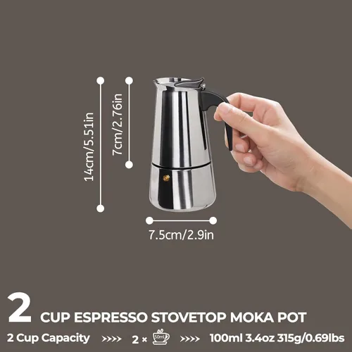 Vista 2 de Olla de Moka de 2 Tazas 100ml, Cafetera de Espresso de Acero Inoxidable, Cafetera de Percolador para Estufa, Cafetera Italiana de Estilo Clásico