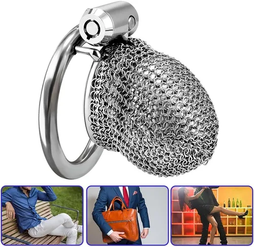 Vista 7 de Dispositivos de castidad masculina de acero inoxidable con cadena de malla flexible, jaulas para pollas transpirables y cómodas, jaula bloqueada