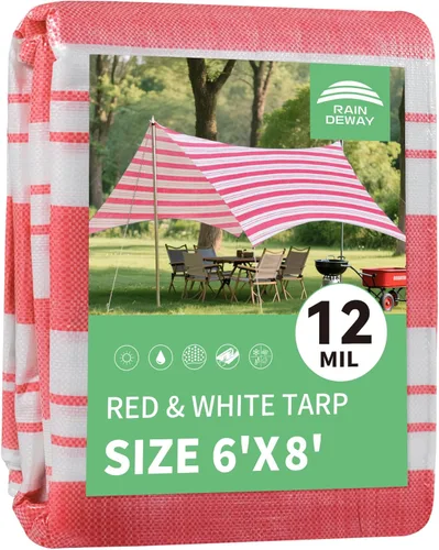 Vista 65 de RAINDEWAY Lonas de 4x8 pies, lona multiusos de poliéster a rayas de 12 mil, impermeable, con ojales y bordes reforzados, lonas rojas/blancas