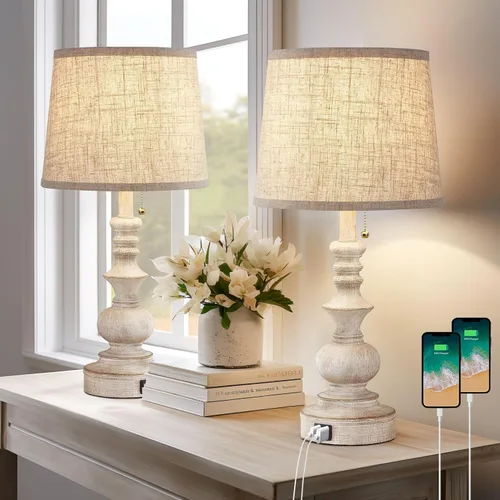 Vista 8 de Drawealth Lámparas Estilo Rústico de 22 pulgadas para Dormitorios, Juego de 2 Lámparas de Mesita de Noche con Puertos de Carga USB, Lámparas de Mesa