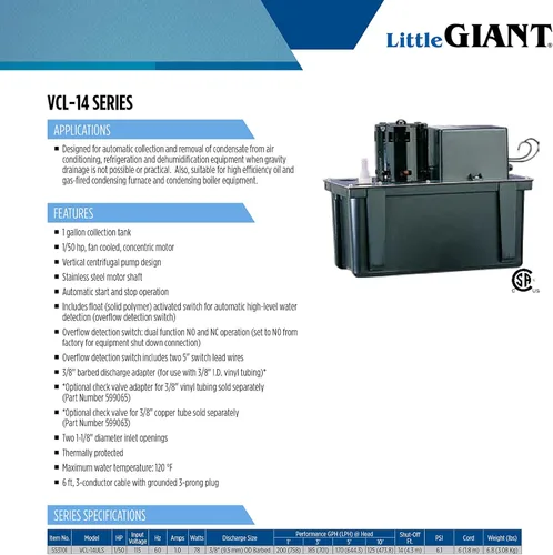 Vista 8 de Little Giant VCL-14ULS 115 voltios, 1/50 HP, 200 GPH, bomba automática de extracción de condensación con tanque de 1 galón y interruptor