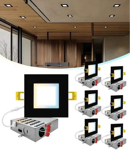 NUWATT Paquete de 6 luces LED empotrables cuadradas ultrafinas de 4 pulgadas, seleccionables 2700 K/3000 K/3500 K/4000 K/5000 K, 630 lúmenes