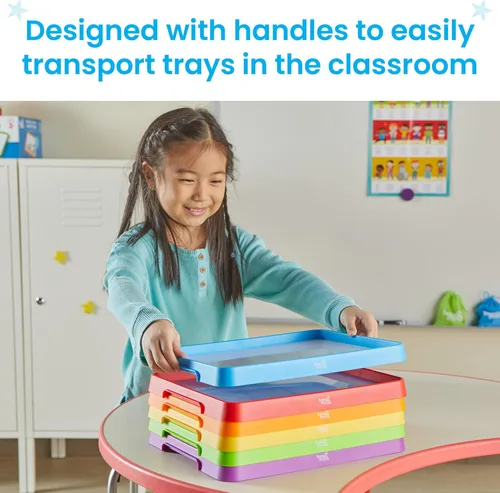 Vista 3 de hand2mind Bandejas magnéticas de borrado en seco para actividades, bandejas apilables para el aula, bandejas magnéticas de letras, pizarras blancas