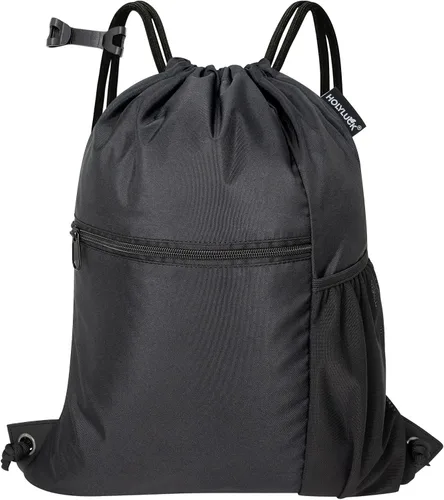 HOLYLUCK Hombres y mujeres al aire libre deporte gimnasio saco impermeable cordón mochila bolsa negro, Negro -, Mediana, Cordón con bolsillo lateral