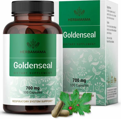 HERBAMAMA Goldenseal - Cápsulas de raíz de 700 mg - Sistema respiratorio y apoyo inmunológico con suplemento en polvo de sello dorado, vegano, sin