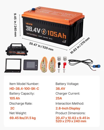 Vista 7 de VEVOR Batería de litio para carrito de golf de 36 V (38.4 V) 105 AH, con cargador de 25 A, kit de batería Lifepo4, BMS de 200 A integrado