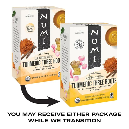 Vista 7 de Numi Té orgánico de cúrcuma de tres raíces, 45 bolsas de té de cúrcuma con jengibre, regaliz, rosa, sin cafeína