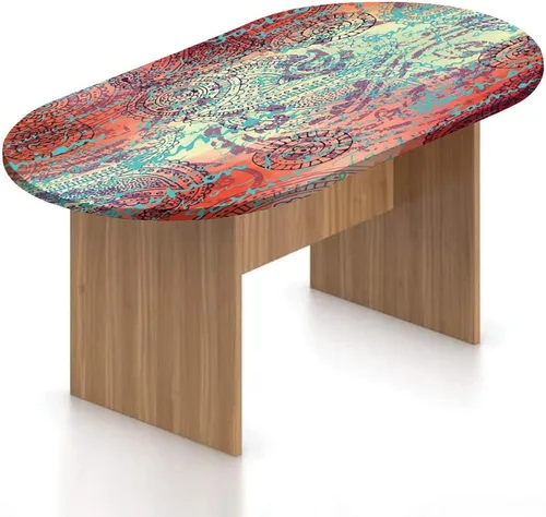 Vista 17 de Mantel ovalado ajustable para mesa de patio, mantel de poliéster elástico para casa de campo, patchwork de diferentes tamaños, tela de mezclilla