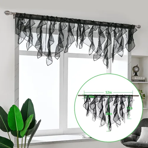 Vista 5 de PearAge Cenefa de cortina semitransparente de gasa con volantes, para cocina, sala de estar, cenefa con volantes estilo shabby chic, cenefa de Negro