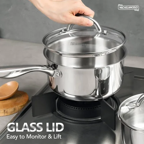 Vista 2 de Juego de sartenes MICHELANGELO 6 piezas, sartén de acero inoxidable triple con tapas de 1 cuarto de galón y 2 cuartos de galón y 3 cuartos de galón