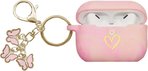 Funda compatible con AirPods Pro 2 2022, funda de silicona suave con patrón de corazón dorado para AirPods Pro de 2ª generación con bonito llavero
