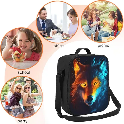 Vista 4 de Lonchera de lobo, bolsa de almuerzo aislada, bolsa de almuerzo de lobo de llama con correa para el hombro, kit de bolsa térmica reutilizable negra