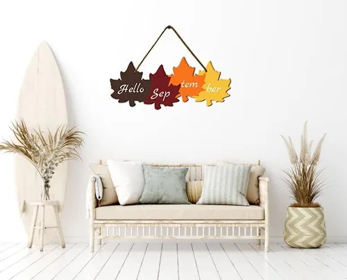 Vista 2 de KPSheng Letrero colgante de madera con texto en inglés «Hello September» para colgar en la puerta, diseño rústico de hoja de arce para decoración