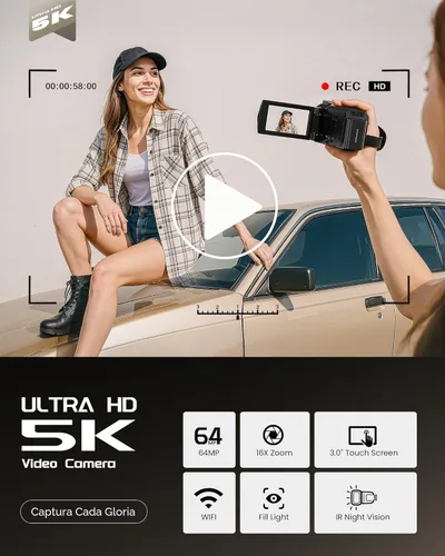 Vista 2 de Videocámara 5K, cámara de video BREGOO UHD 64MP para vlogging en YouTube con pantalla táctil giratoria de 3" 270°, cámara digital con visión