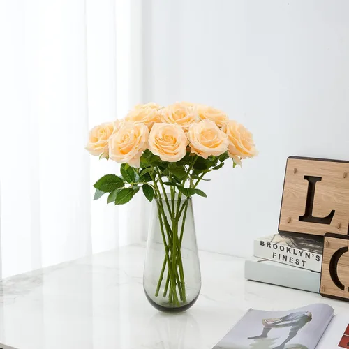 Vista 2 de Rosas Artificiales 10 unidades Ramo de Flores Abiertas Tallos de Rosas Artificiales para Arreglos de Boda, Ramo de Novia, Centro de Mesa, Flores