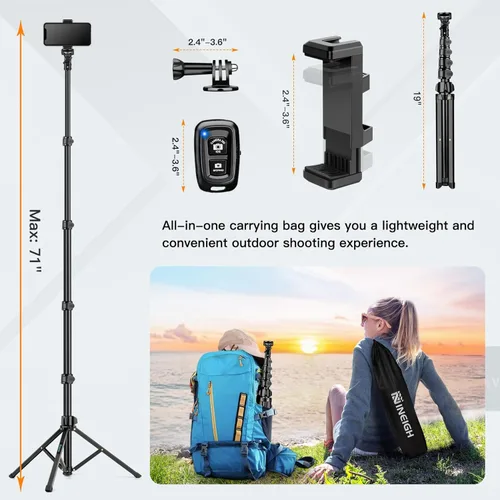 Vista 7 de Trípode para teléfono, trípode de 70 pulgadas para teléfono, soporte de trípode para selfie stick para grabar video fotos, vlog, trípodes de viaje