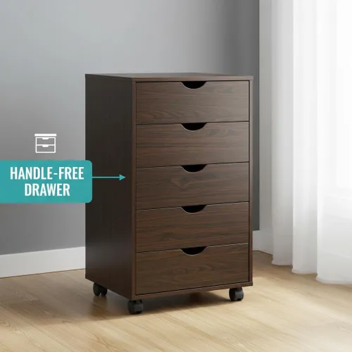 Vista 229 de Naomi Home Cómoda de 5 cajones para dormitorio, alta y elegante, con ruedas y estantes de almacenamiento, pequeña para guardarropa, para maquillaje
