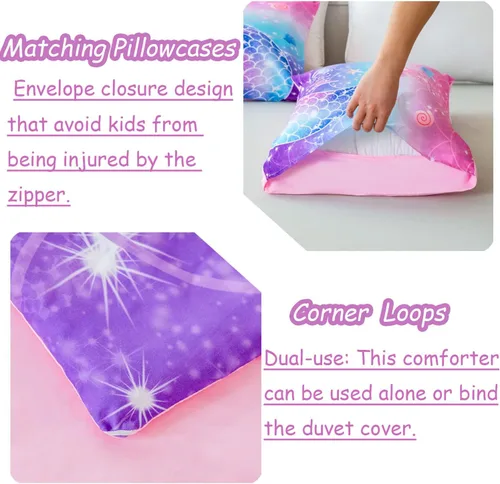 Vista 5 de ZRNBAST Juego de edredón de sirena tamaño Queen para mujeres y niñas, juego de ropa de cama rosa, morado, turquesa, degradado, multicolor, arco