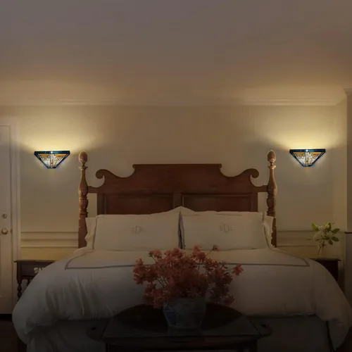 Vista 5 de Capulina Tiffany - Lámpara de pared de vidrieras de 2 luces de 12 pulgadas de ancho azul ámbar antiguo estilo Tiffany para pasillo, escalera