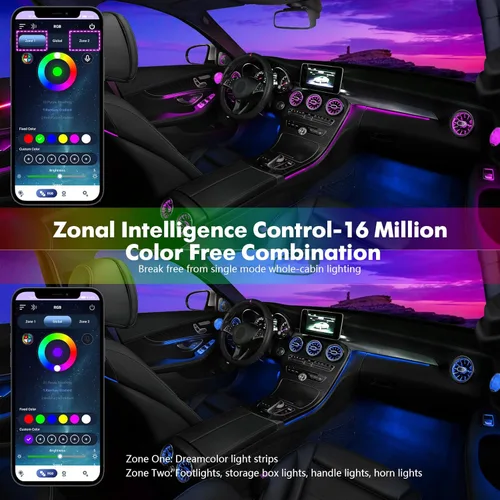 Vista 2 de Nueva versión Dreamcolor Luces de interior de coche acrílicas 18 en 1 RGB Kit de iluminación ambiental para coche APP Control Sistema de control por
