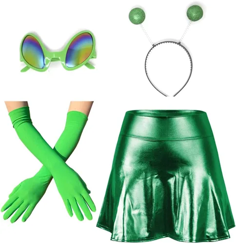 Vista 9 de Falda de disfraz de alienígena para mujer con diadema y gafas para fiesta Verde